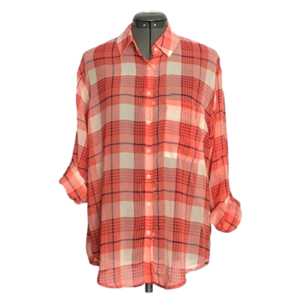Garage 💕Red Plaid Chiffon Button Down Shirt💕